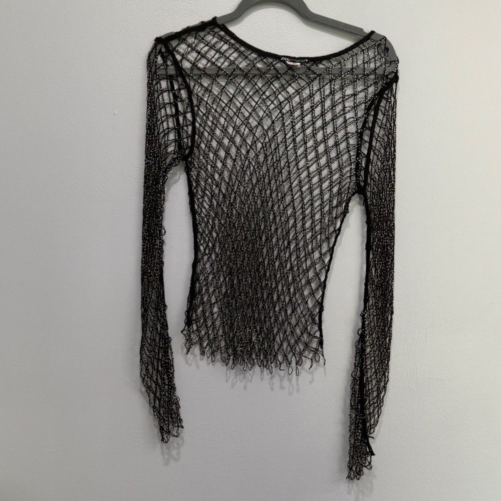 Zara Black Beaded Net Mesh Long Sleeve Top Sheer Metallic Festival‎ XS S goth
